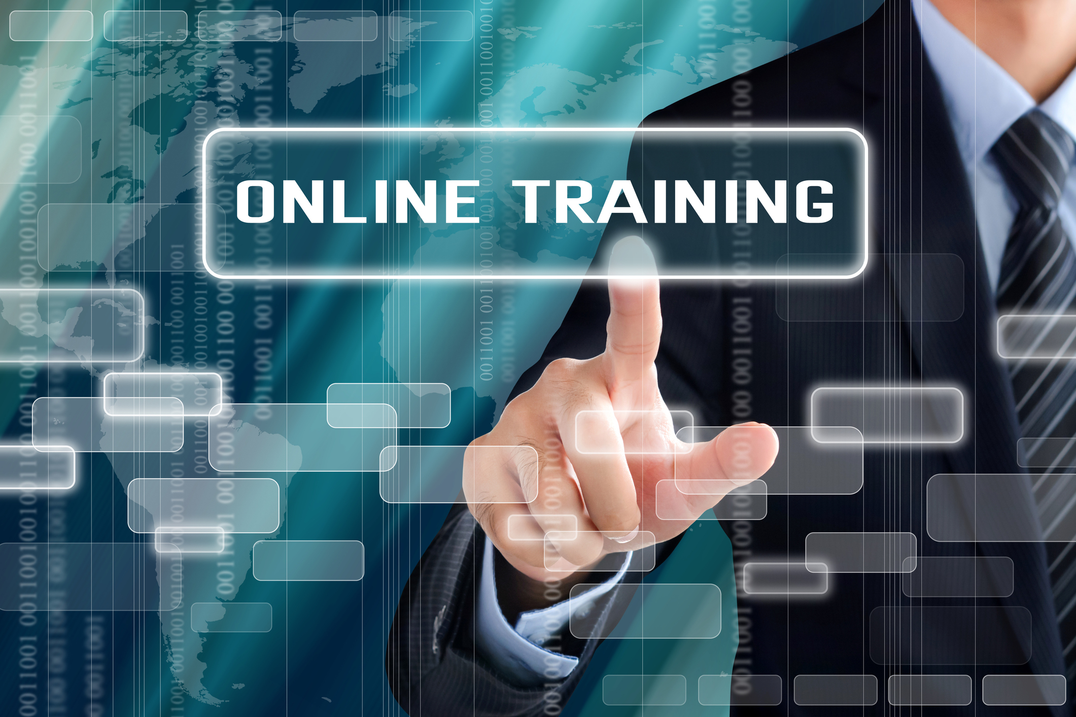 Businessman hand touching ONLINE TRAINING sign on virtual screen